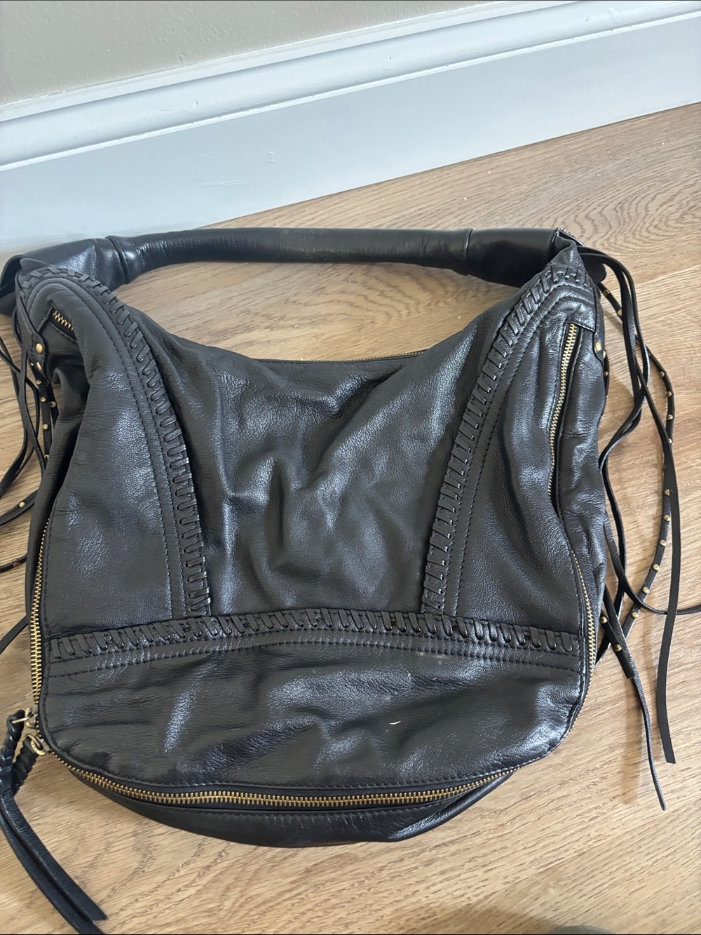 Aimee Kestenberg Black Leather Shoulder Hobo with Braided Trim